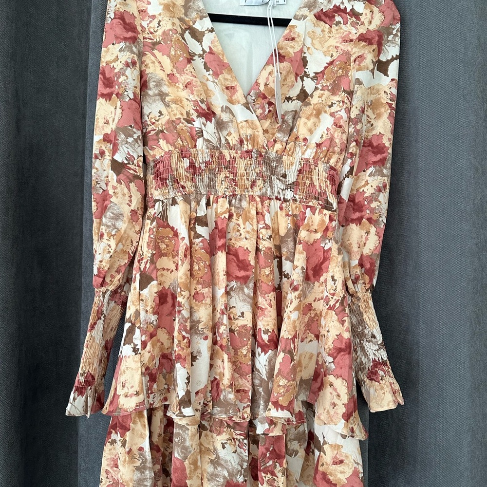 Petal & Pup Pink and Red Ruched Tiered Long Sleeve Dress